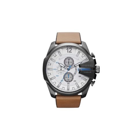 Reloj Diesel Mega Chief DZ4280 con caja gris grafito, esfera plateada y detalles azules, visto de frente