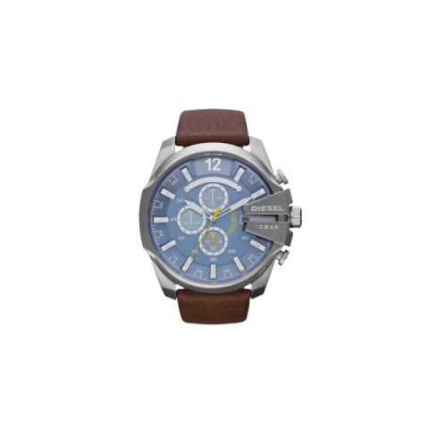 Reloj Diesel Mega Chief DZ4281 con caja de acero, esfera azul y detalles amarillos, visto de frente