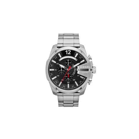 Reloj Diesel Mega Chief DZ4308 con esfera negra y segundero rojo, visto de frente