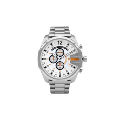 Reloj Diesel Mega Chief DZ4328 con esfera blanca y detalles naranjas, visto de frente