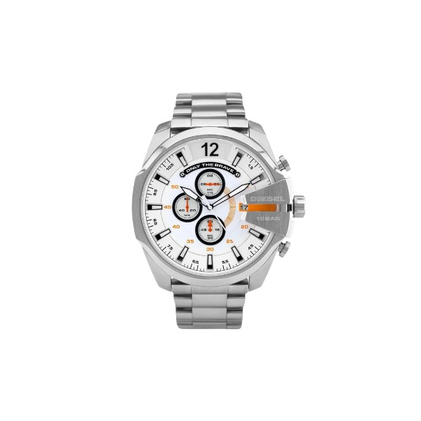 Reloj Diesel Mega Chief DZ4328 con esfera blanca y detalles naranjas, visto de frente