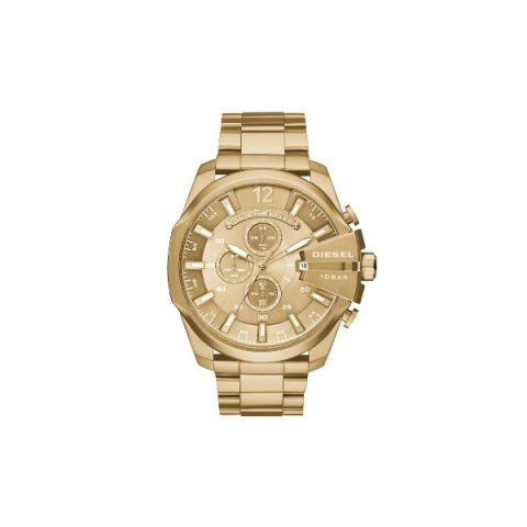 Reloj Diesel Mega Chief DZ4360 con caja, esfera y brazalete dorados de arriba abajo, visto de frente