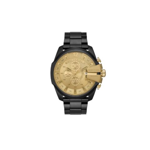 Reloj Diesel Mega Chief DZ4485 con caja negra, esfera dorada y pulsadores dorados, visto de frente
