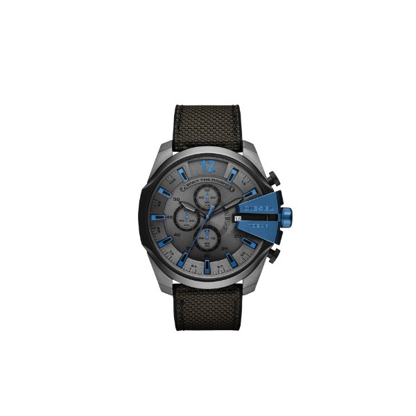 Reloj Diesel Mega Chief DZ4500 con caja gris grafito, esfera gris y detalles azules, visto de frente