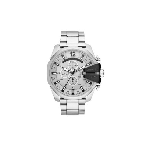 Reloj Diesel Mega Chief DZ4501 con esfera plateada y corona negra, visto de frente