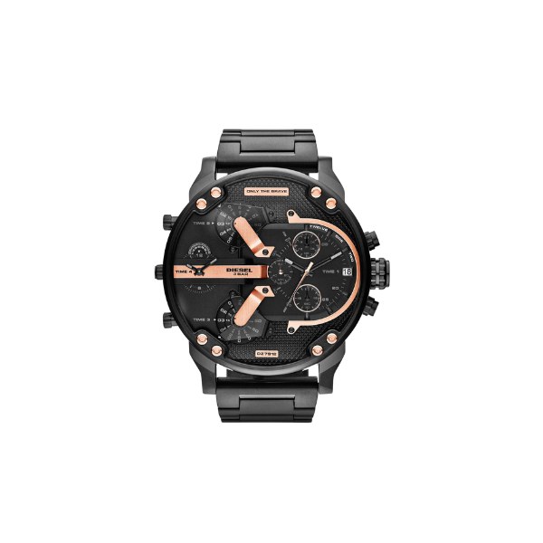 Reloj Diesel Mr. Daddy 2.0 DZ7312 con caja negra, esfera negra y detalles en oro rosado, visto de frente