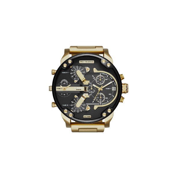 Reloj Diesel Mr. Daddy 2.0 DZ7333 con caja dorada y esfera negra, visto de frente