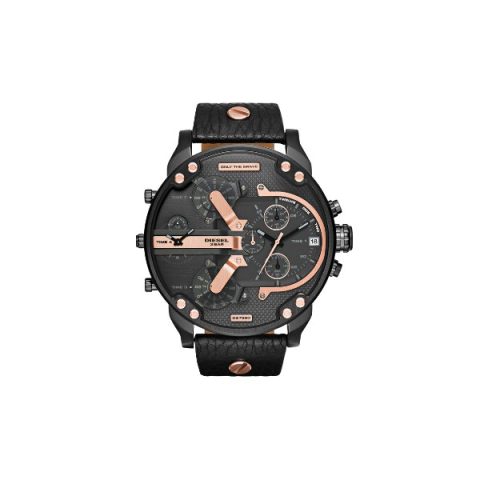 Reloj Diesel Mr. Daddy 2.0 DZ7350 con caja negra, esfera negra y detalles en oro rosado, visto de frente