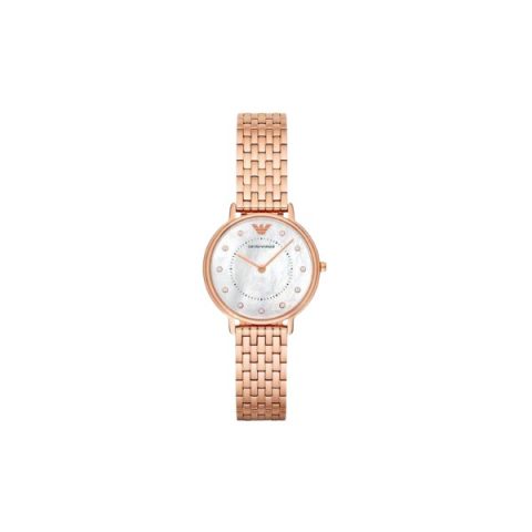 Reloj Emporio Armani Kappa AR11006 en oro rosado con esfera de nácar y cristales, visto de frente