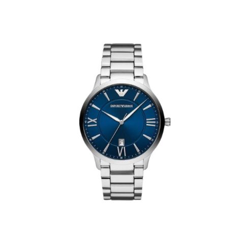 Reloj Emporio Armani Giovanni AR11227 en acero con esfera azul y números romanos, visto de frente