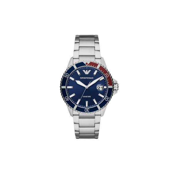 Reloj Emporio Armani Diver AR11339 en acero con esfera azul y bisel azul y rojo, visto de frente