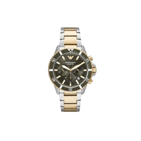 Reloj Emporio Armani Diver AR11361 en acero y dorado con esfera verde, visto de frente