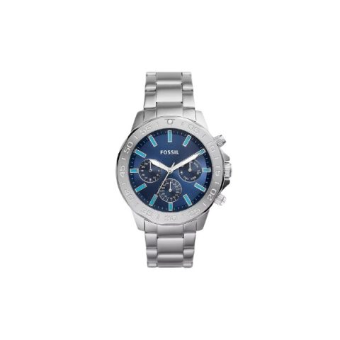 Reloj Fossil BQ2503 con esfera azul con detalles turquesa, bisel grabado y brazalete de acero, visto de frente