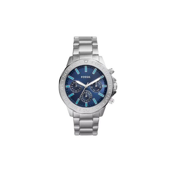 Reloj Fossil BQ2503 con esfera azul con detalles turquesa, bisel grabado y brazalete de acero, visto de frente