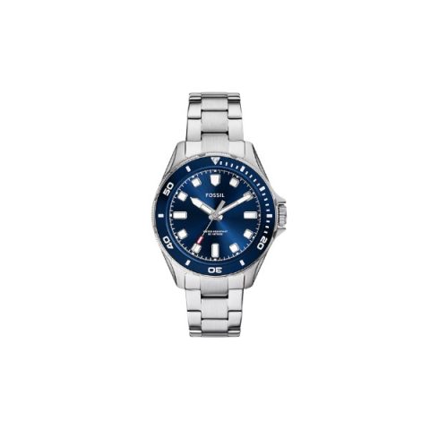 Reloj Fossil BQ2881 con esfera azul, bisel giratorio azul y brazalete de acero, visto de frente