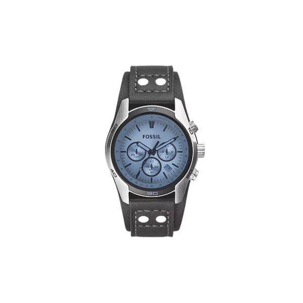 Reloj Fossil CH2564 con esfera azul de tres subesferas y correa ancha de cuero negro con remaches, visto de frente