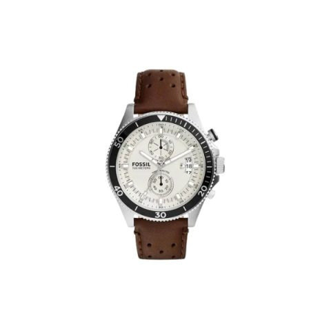 Reloj Fossil CH2943 con esfera crema de tres subesferas, bisel negro y correa de cuero marrón perforada, visto de frente