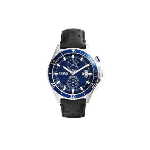 Reloj Fossil CH2945 con esfera azul de tres subesferas, bisel azul y correa de cuero negro, visto de frente