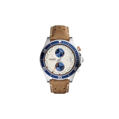 Reloj Fossil CH2951 con esfera crema de tres subesferas, bisel azul y correa de cuero camel, visto de frente