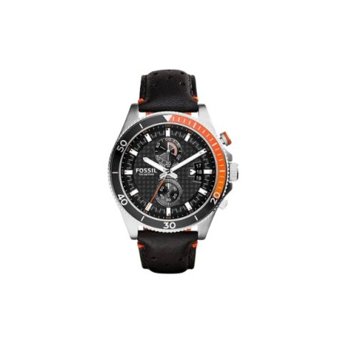 Reloj Fossil CH2953 con esfera negra de fibra de carbono, bisel negro y naranja y correa de cuero negro, visto de frente