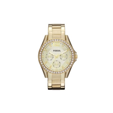Reloj Fossil ES3203 con caja dorada, bisel de cristales y esfera champán multifunción, visto de frente