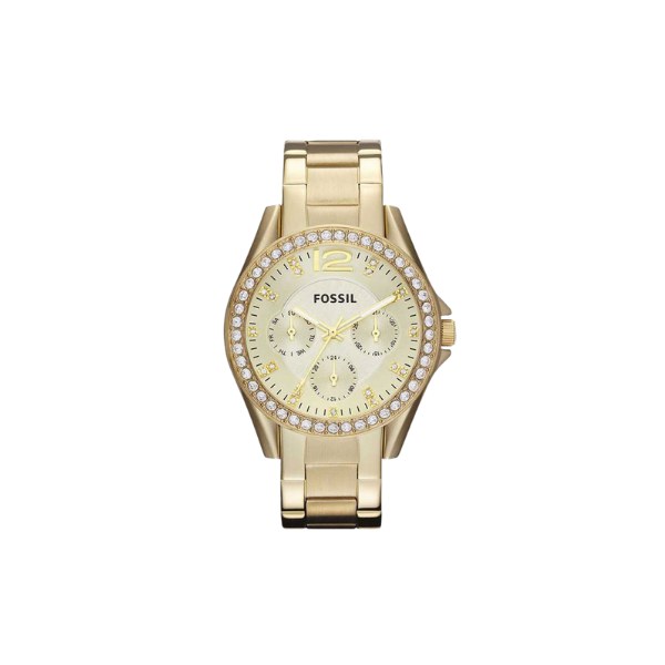 Reloj Fossil ES3203 con caja dorada, bisel de cristales y esfera champán multifunción, visto de frente