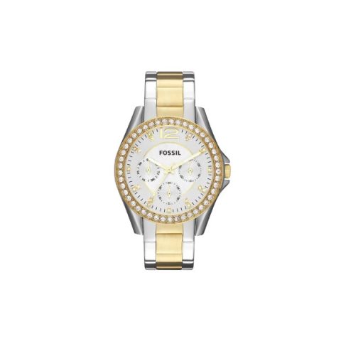 Reloj Fossil ES3204 con caja bicolor acero y dorado, bisel de cristales y esfera blanca multifunción, visto de frente