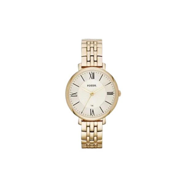 Reloj Fossil ES3434 con caja dorada, esfera champán de números romanos y brazalete a juego, visto de frente