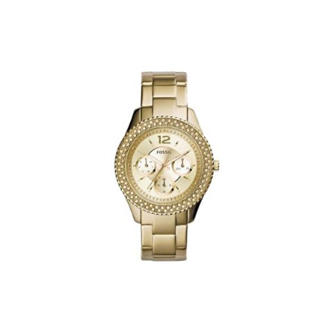 Reloj Fossil ES3589 con caja dorada, doble hilera de cristales en el bisel y esfera champán, visto de frente