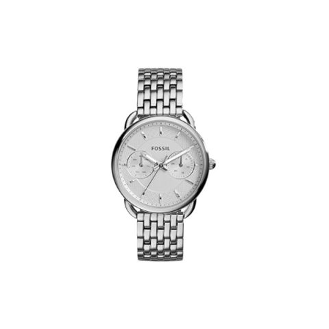 Reloj Fossil ES3712 con esfera plateada texturizada multifunción y brazalete de acero de siete eslabones, visto de frente