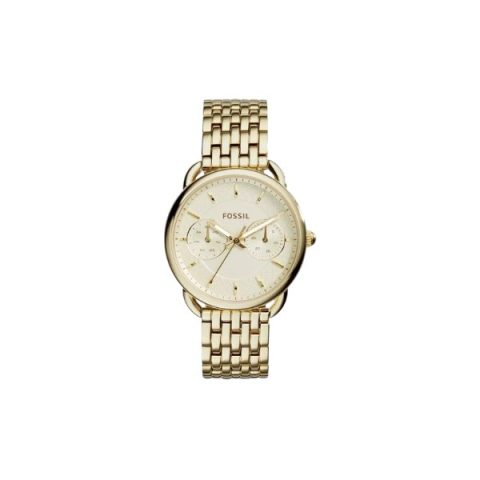 Reloj Fossil ES3714 con caja dorada, esfera champán texturizada y brazalete a juego, visto de frente