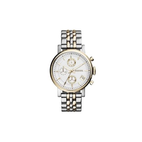 Reloj Fossil ES3746 con caja bicolor acero y dorado, esfera blanca de tres subesferas, visto de frente
