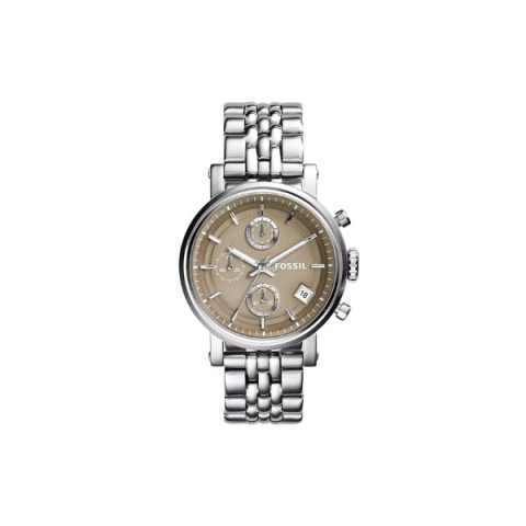 Reloj Fossil ES3747 con esfera taupe de tres subesferas y brazalete de acero de eslabones finos, visto de frente