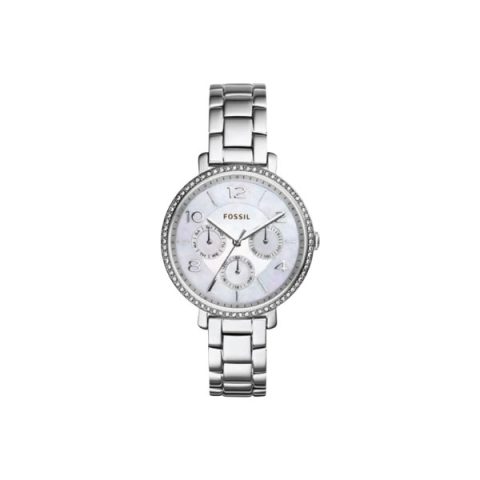 Reloj Fossil ES3755 con bisel de cristales, esfera de nácar multifunción y brazalete de acero, visto de frente