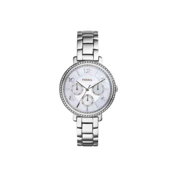 Reloj Fossil ES3755 con bisel de cristales, esfera de nácar multifunción y brazalete de acero, visto de frente