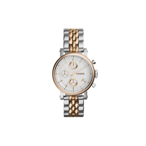 Reloj Fossil ES3840 con caja bicolor acero y oro rosado, esfera blanca de tres subesferas, visto de frente