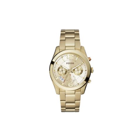 Reloj Fossil ES3884 con caja y brazalete dorados con esfera champán multifunción, visto de frente