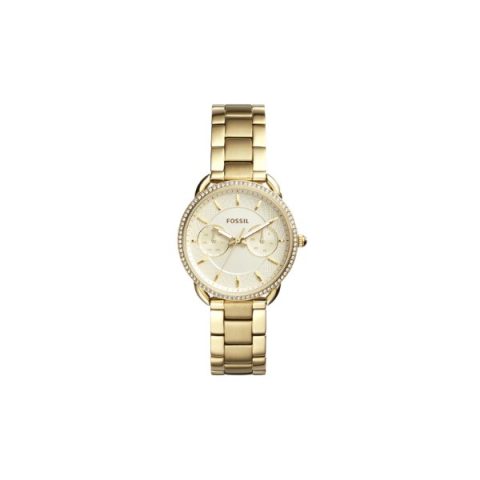 Reloj Fossil ES4263 con caja dorada, bisel de cristales y esfera champán multifunción, visto de frente