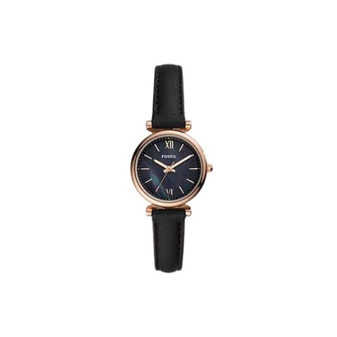 Reloj Fossil ES4700 con caja pequeña en oro rosado, esfera de nácar negro y correa de cuero negro, visto de frente