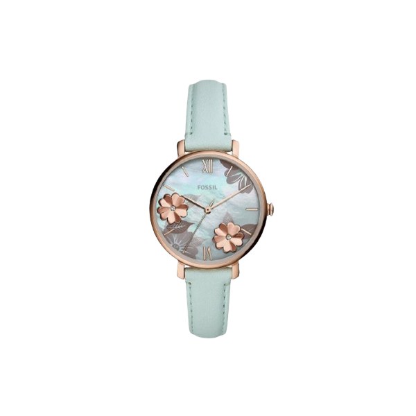 Reloj Fossil ES4813 con caja en oro rosado, esfera de nácar con flores aplicadas y correa de cuero verde agua, visto de frente