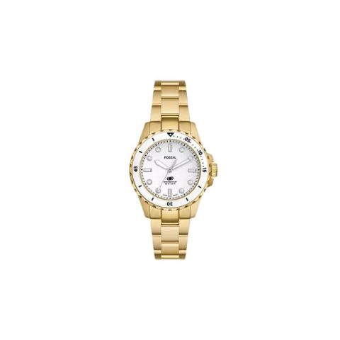 Reloj Fossil ES5350 con caja dorada, bisel blanco, esfera blanca y brazalete dorado, visto de frente