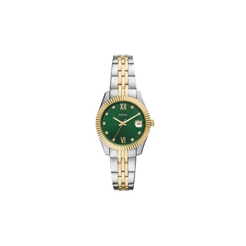 Reloj Fossil ES5388 con caja bicolor acero y dorado, bisel estriado y esfera verde con cristales, visto de frente