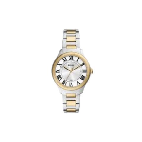 Reloj Fossil ES5396 con caja bicolor acero y dorado, esfera plateada de números romanos, visto de frente