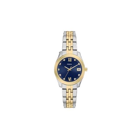Reloj Fossil ES5443 con caja bicolor acero y dorado, bisel estriado y esfera azul con cristales, visto de frente