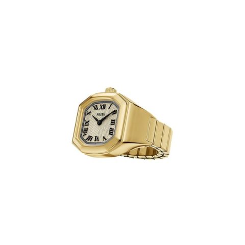 Anillo reloj Fossil ES5446 con caja octogonal dorada con esfera plateada, sobre un brazalete elástico de anillo, visto de frente