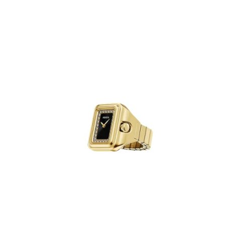 Anillo reloj Fossil ES5447 con caja rectangular dorada, esfera negra orlada de cristales, sobre brazalete elástico de anillo, visto de frente