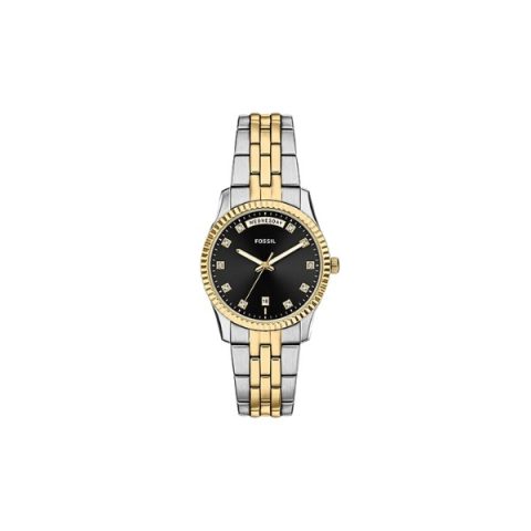 Reloj Fossil ES5458 con caja bicolor acero y dorado, esfera negra con cristales y día de la semana, visto de frente