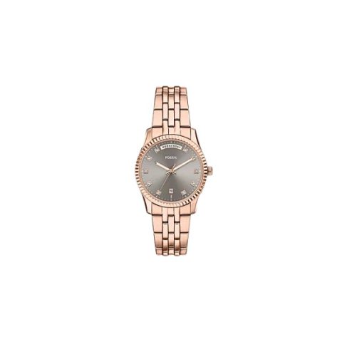 Reloj Fossil ES5459 con caja en oro rosado, esfera gris con cristales y día de la semana, visto de frente