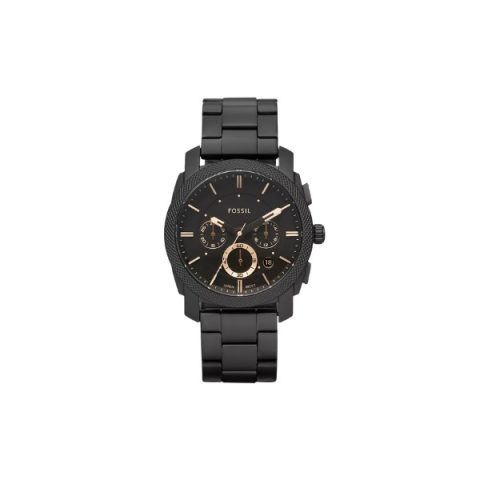 Reloj Fossil FS4682 con caja negra con detalles en oro rosado y esfera negra de tres subesferas, visto de frente