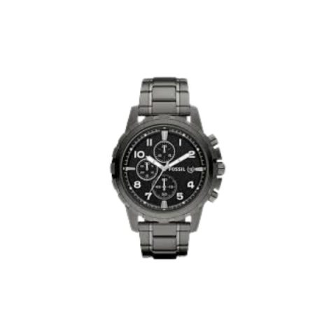 Reloj Fossil FS4721 con caja gris grafito, esfera negra de tres subesferas y brazalete a juego, visto de frente